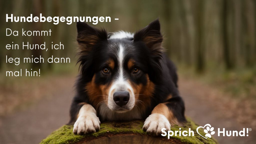 Australien Shepherd liegt lauernd auf einem Baumstamm – Webinar Hundebegegnungen